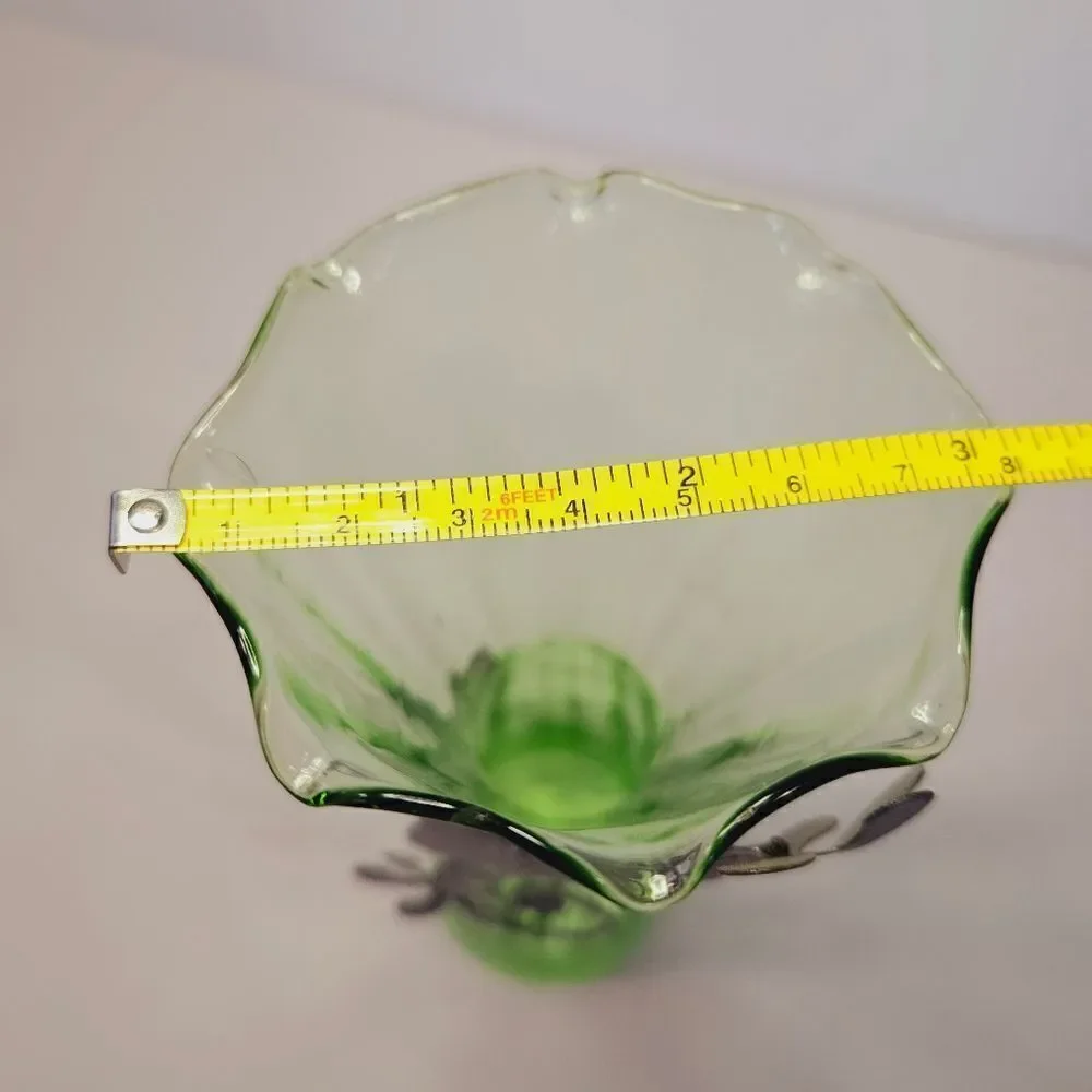 Vintage Green Stretch Glass Ruffled Rim Metal Floral Embellished Bud Vase